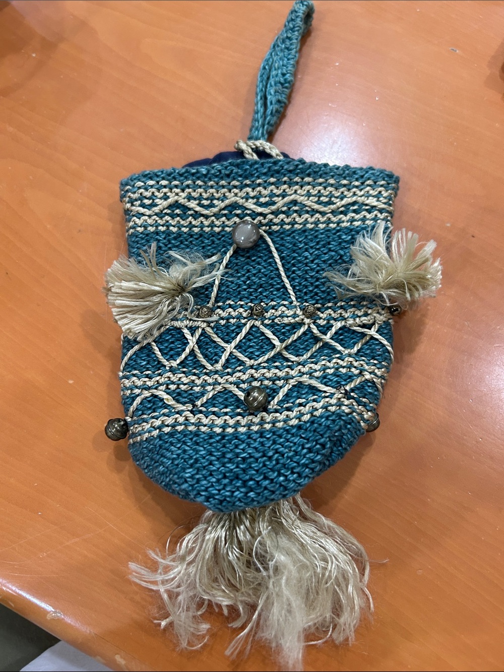 Teal and Cream Handwoven Tassel Wristlet Bag